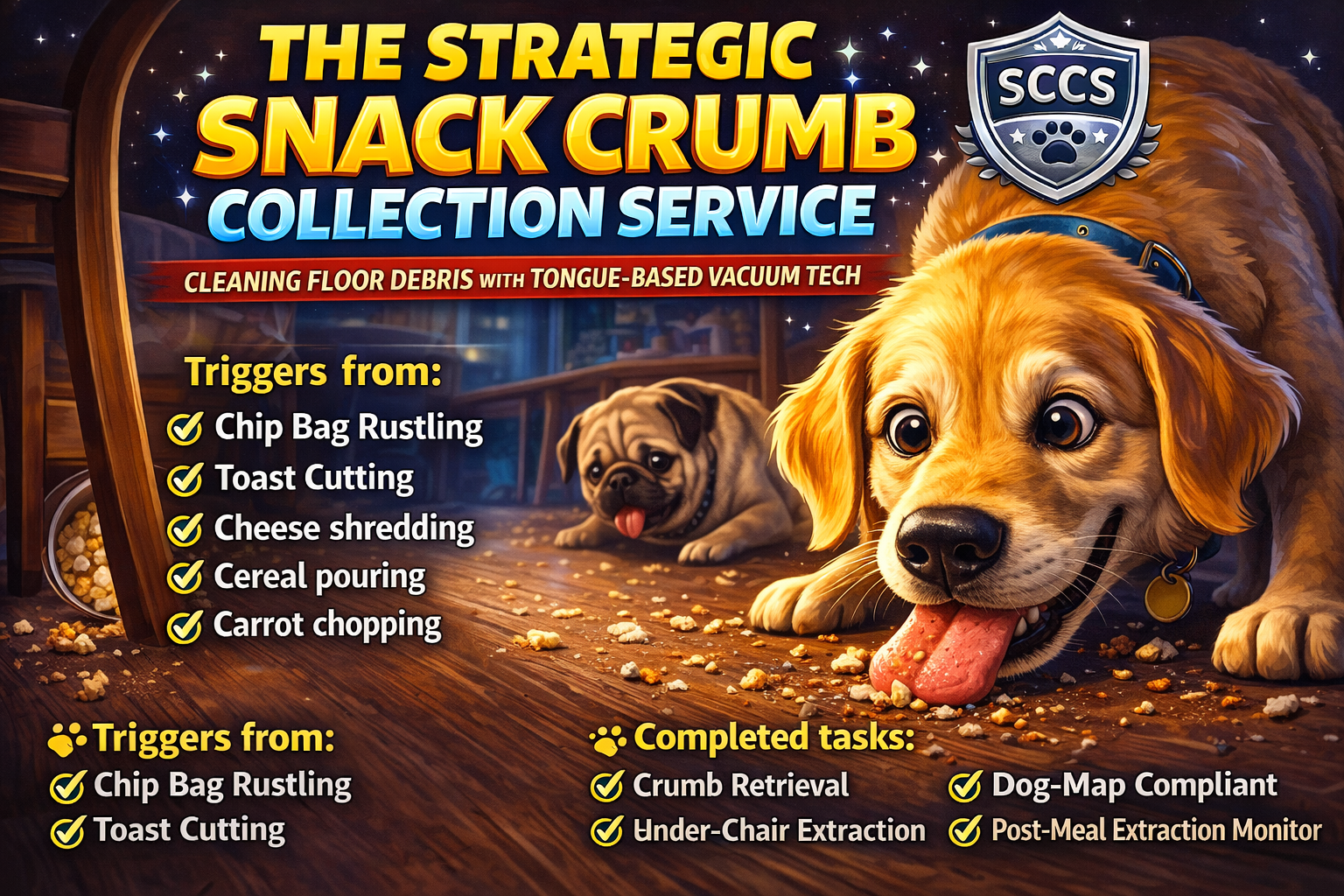 Dogs recognize crumbs as floor-level micro-snacks